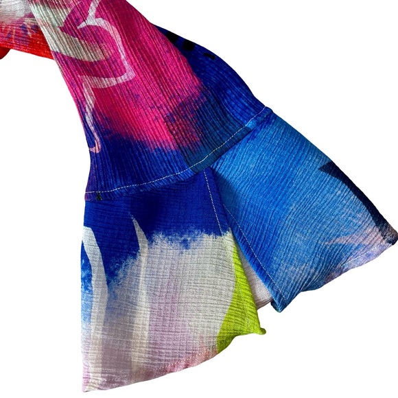 Ali Mikes Multi-colored Bell Sleeve Wire Point Collar Abstract Blouse Sz L - Picture 6 of 9